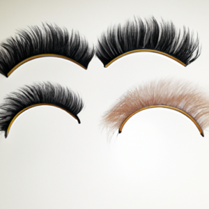 Two sets of long, curled false eyelashes with one set in a natural color and the other in a bright, synthetic color, side by side.
