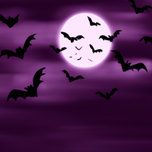 A spooky black and purple night sky with a full moon and several bats flying around.