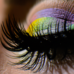 A close-up of a pair of eyelashes filled with vibrant rainbow colors.
