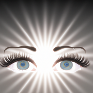 A pair of eyes with eyelashes surrounded by a glowing halo of light.