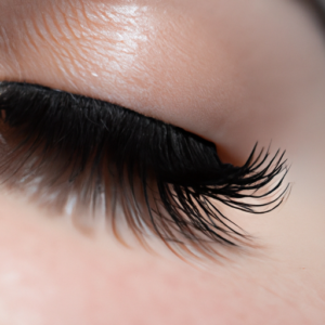 A close-up of a set of long, thick eyelashes.