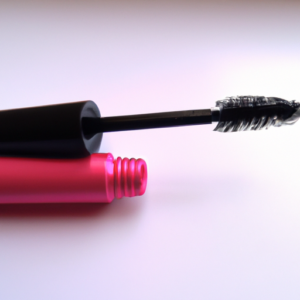 A close-up of a black and pink mascara wand on a white background.
