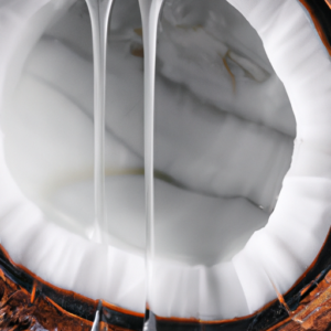 A close-up of a coconut with a dripping oil texture.