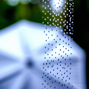 A close-up of an umbrella with raindrops rolling off it.
