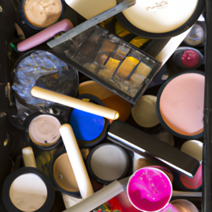 Brightly colored makeup products spilling out of a drawer.