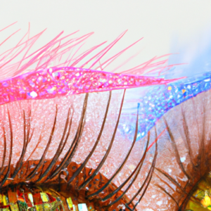A close-up of a pair of colorful, sparkly false eyelashes.