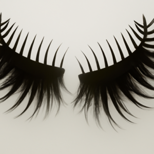 A close-up of a pair of false eyelashes, arranged in a heart shape.