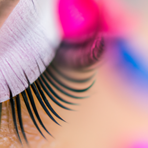 A close-up of a pair of colorful eyelashes with a blurred background.