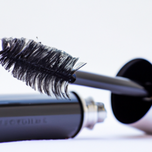 A close-up of mascara wand with a few mascara clumps on the wand.