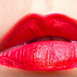 A close-up of a lip with a bright, vivid shade of lipstick.