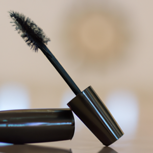 A close-up of a single mascara brush with a blurry background.