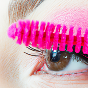 A close-up of long thin eyelashes with a bright pink mascara brush being applied.