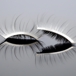 A close-up of a pair of natural fake eyelashes lying on a reflective surface.