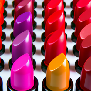 A close-up of a variety of brightly colored lipsticks arranged in a rainbow pattern.
