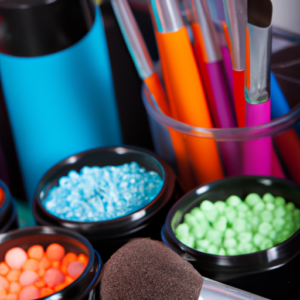 A close-up of colorful makeup containers and brushes.
