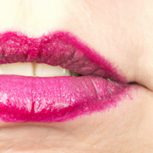 A close up of a pair of lips with bright pink lipstick applied.