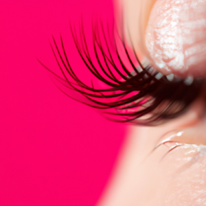A close-up of a pair of long, full eyelashes with a bright pink background.