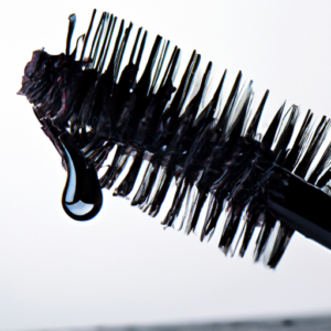 A close-up of a mascara brush with a few drops of mascara on its bristles.
