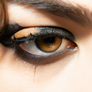 A close-up of a woman's eye with an exaggerated winged eyeliner look.