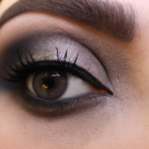 Close up of a smokey eye makeup look with shades of black, grey, and brown.