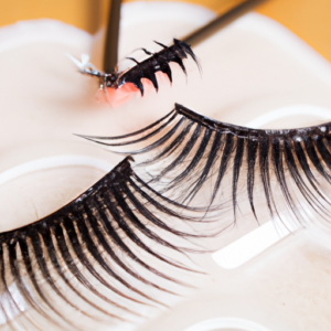 A close-up of a pair of false eyelashes with a pair of tweezers beside them.