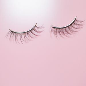 A close-up of a set of long, curled eyelashes against a bright pink background.