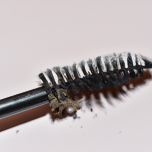 A close-up of a mascara wand with a few flakes of mascara on its bristles.