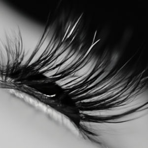 A close-up of two eyelashes in a contrasting black and white color.