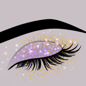 A close-up of an eye, with long eyelashes surrounded by a circle of sparkling stars.