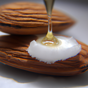 A close-up of an almond, split in half, spilling oil onto a cotton swab.