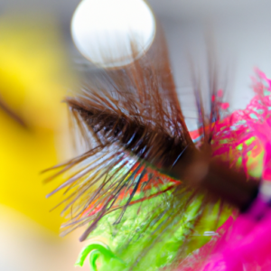 A close-up of a colorful, feathered mascara brush in the foreground with a blurred background of lush, lush lashes.