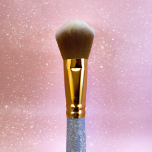 A sparkling makeup brush with a light pink background.