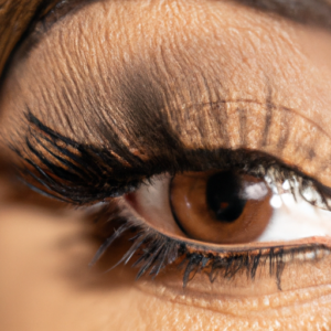 Close-up of a pair of eyes with mascara on one eye, highlighting the curves of the eyelashes.