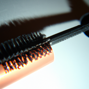 A close-up of a mascara wand with long, thick eyelashes extending beyond the bristles.