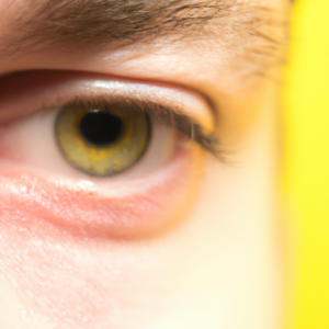 A close-up of a single eye with a bright yellow background.