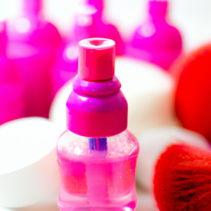 A bright pink bottle of makeup remover surrounded by colorful makeup brushes.