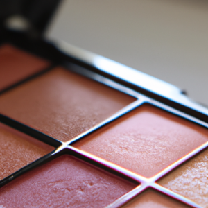 A close-up of a bright pink blush palette with various shades of color.