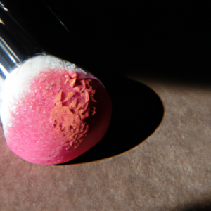 A close-up of a bright pink blush against a deep brown background.