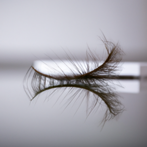 A close-up of a single false eyelash with its reflection in the background.