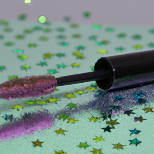 A close-up of a colorful mascara wand with glittery sparkles.