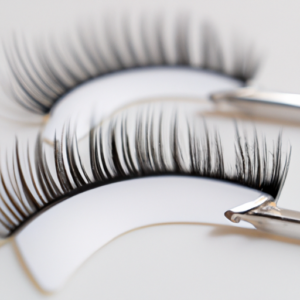 A closeup of a pair of falsies with a pair of tweezers on either side.