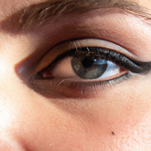 A close-up of a woman's eye with a dramatic sweep of eyeliner.