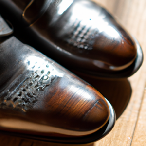 A close-up of a pair of dress shoes with a freshly polished shine.