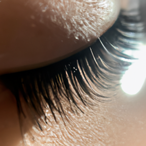 A close-up of a set of long, dark eyelashes with glints of light reflecting off of them.