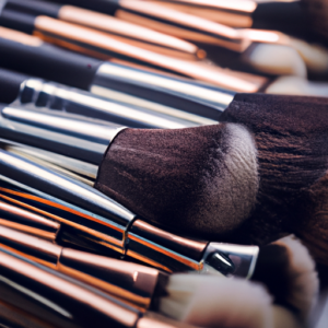 A close-up of a variety of makeup brushes in a neutral color palette.