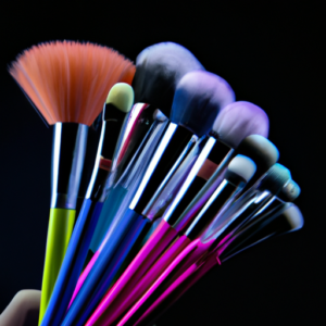 Suggestion: A close-up of a colorful makeup brush set against a black background.