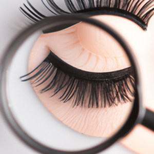 A close-up of a pair of false eyelashes with a magnifying glass hovering above them.