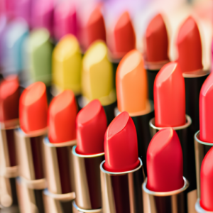 A close-up of a variety of lipstick shades arranged in a rainbow pattern.