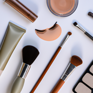 A woman's face with makeup brushes and cosmetic products laid out on a white surface.