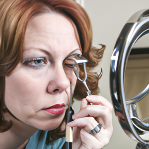 A woman looking in the mirror at her curled eyelashes, with a curling iron in the background.